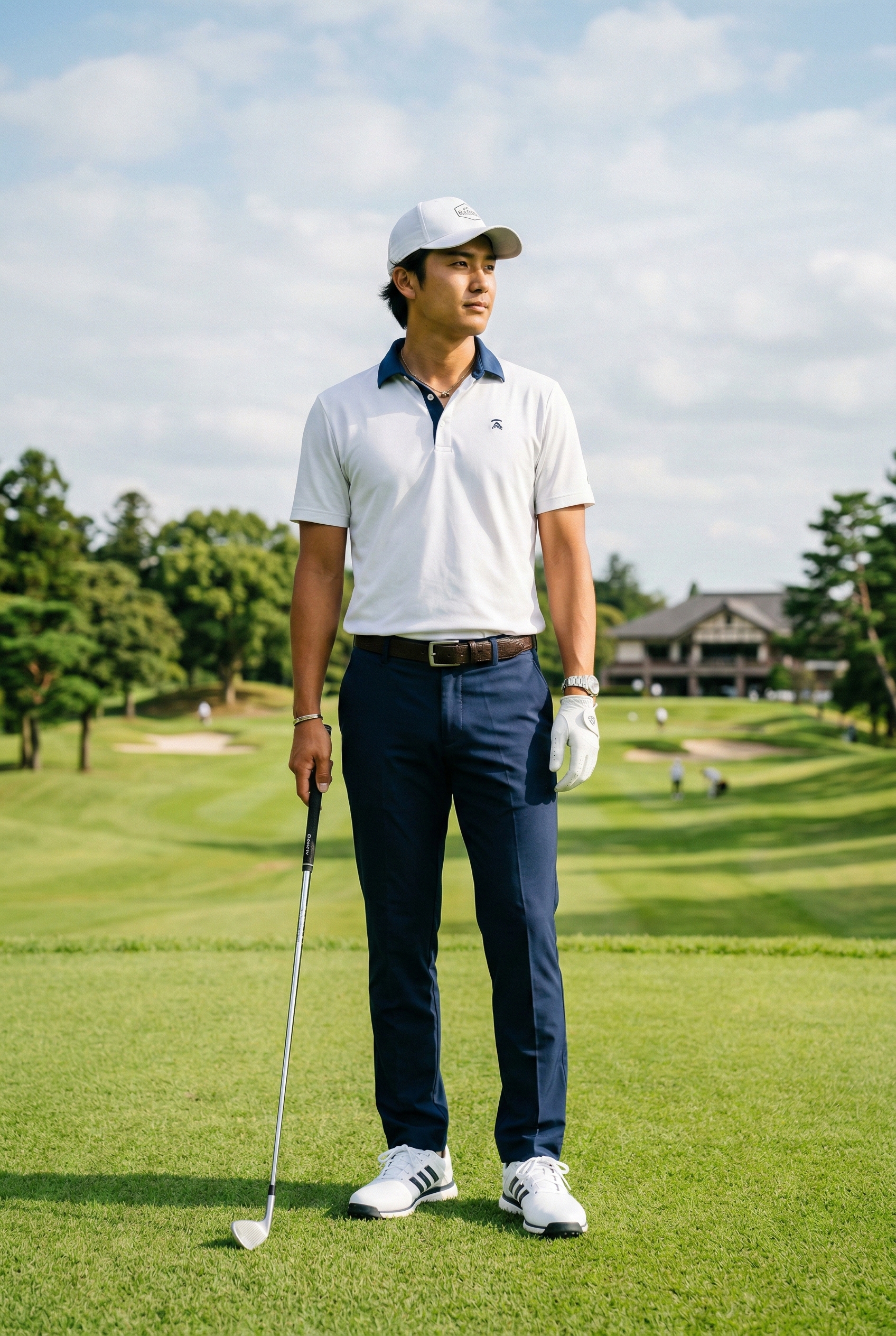 白ポロ×ネイビーパンツ×白シューズ ゴルフコーデ