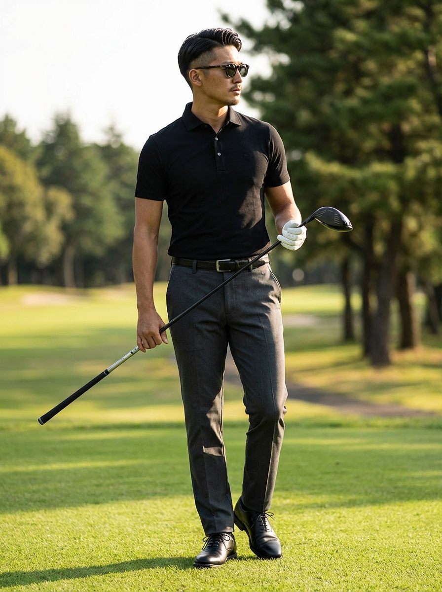 黒ポロ×グレーパンツ×黒シューズ ゴルフコーデ