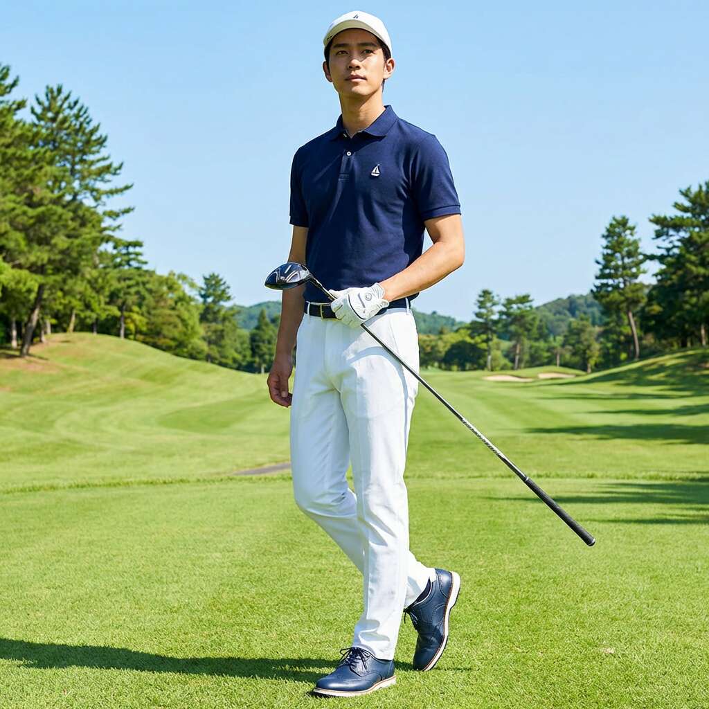 ネイビーポロ×白パンツ×ネイビーシューズ ゴルフコーデ