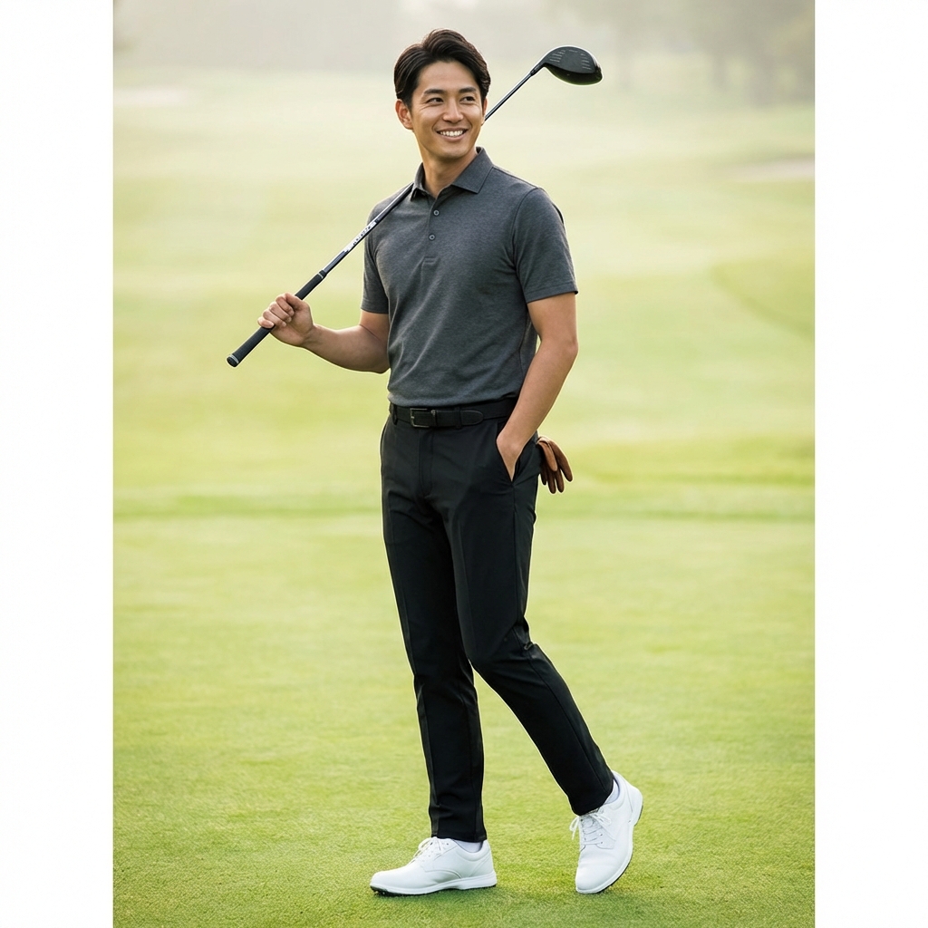 グレーポロ×黒パンツ×白シューズ ゴルフコーデ