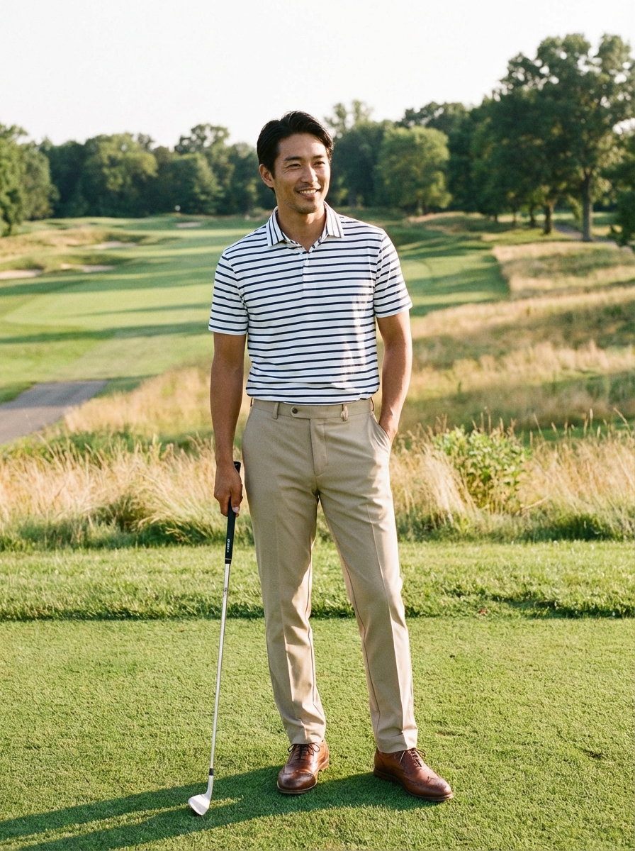 ボーダーポロ×カーキパンツ×ブラウンシューズ ゴルフコーデ
