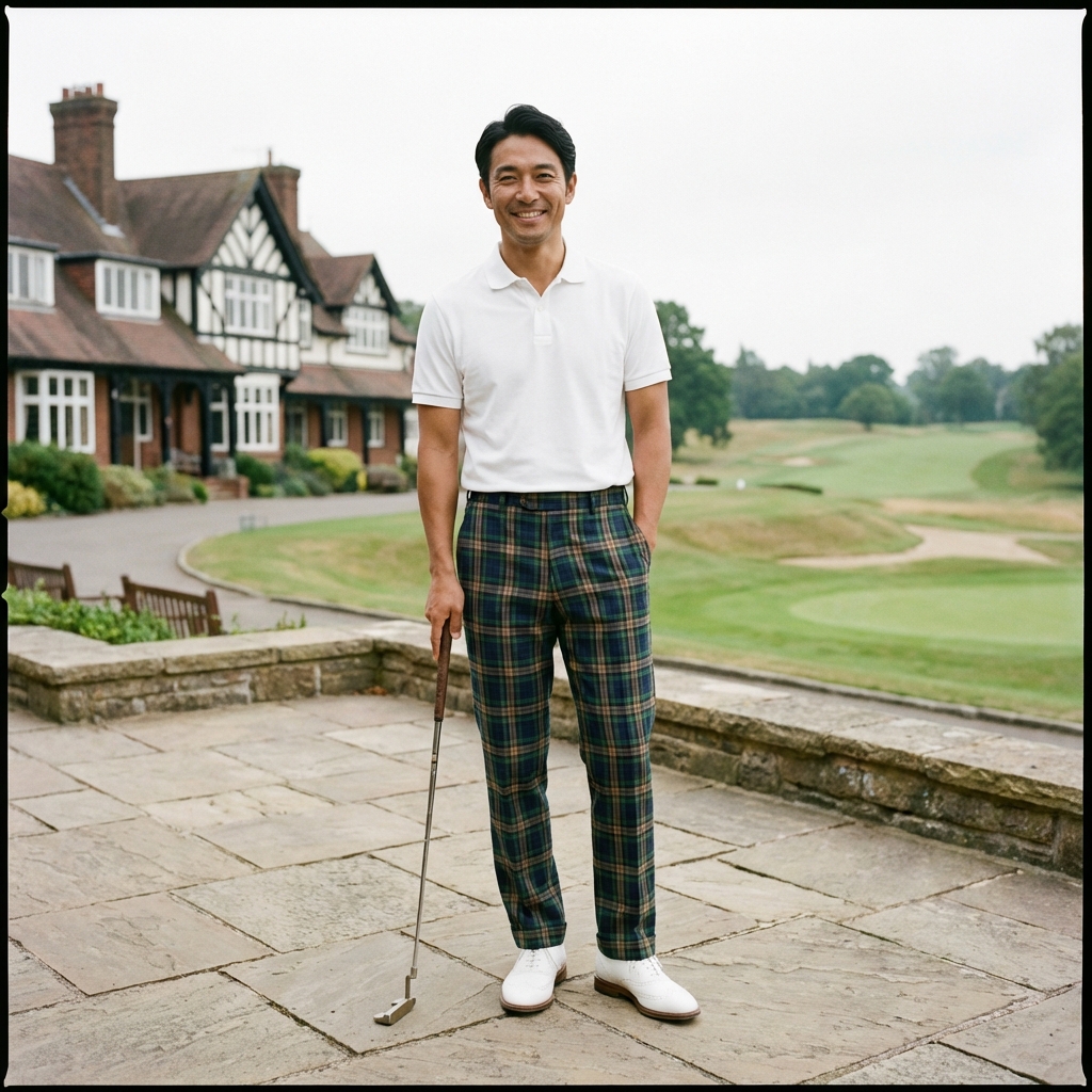 ホワイトポロ×チェックパンツ×白シューズ ゴルフコーデ