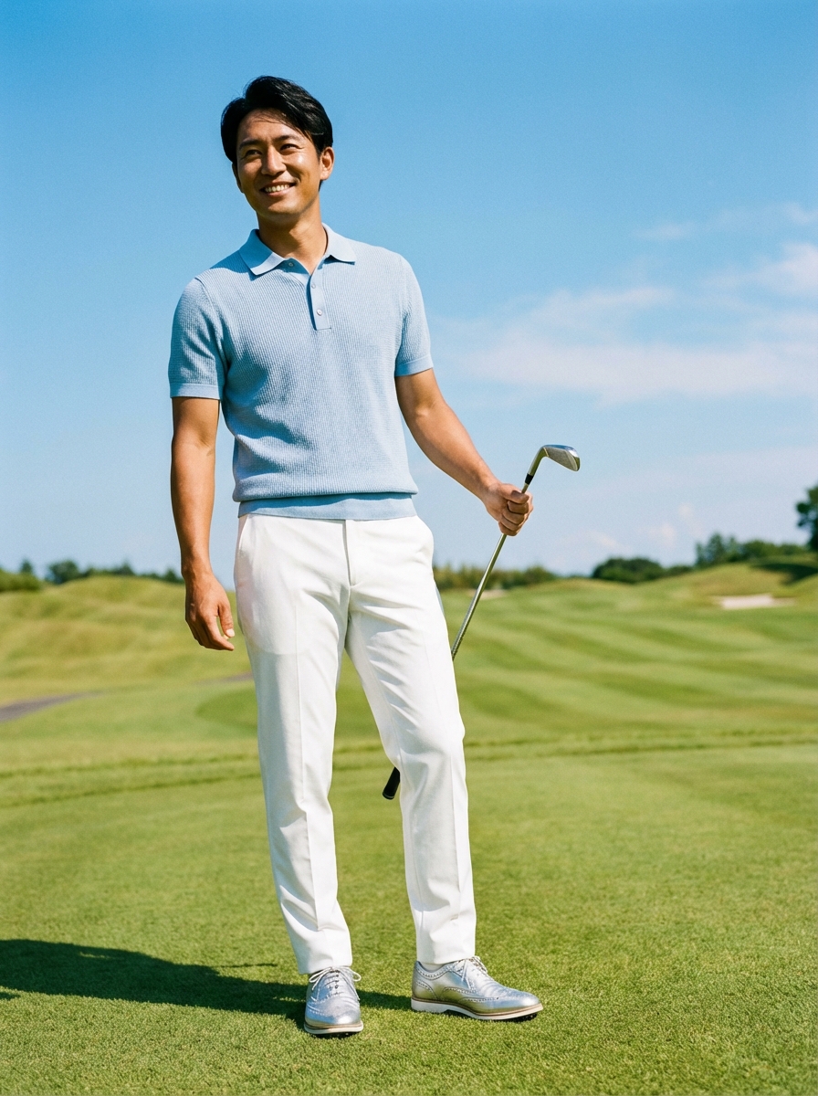 ライトブルーポロ×白パンツ×シルバーシューズ ゴルフコーデ