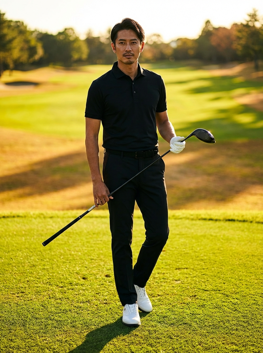 黒ポロ×黒パンツ×白シューズ ゴルフコーデ