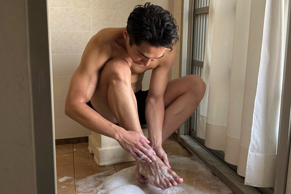 薬用石鹸で足の指の間を丁寧に洗う男性