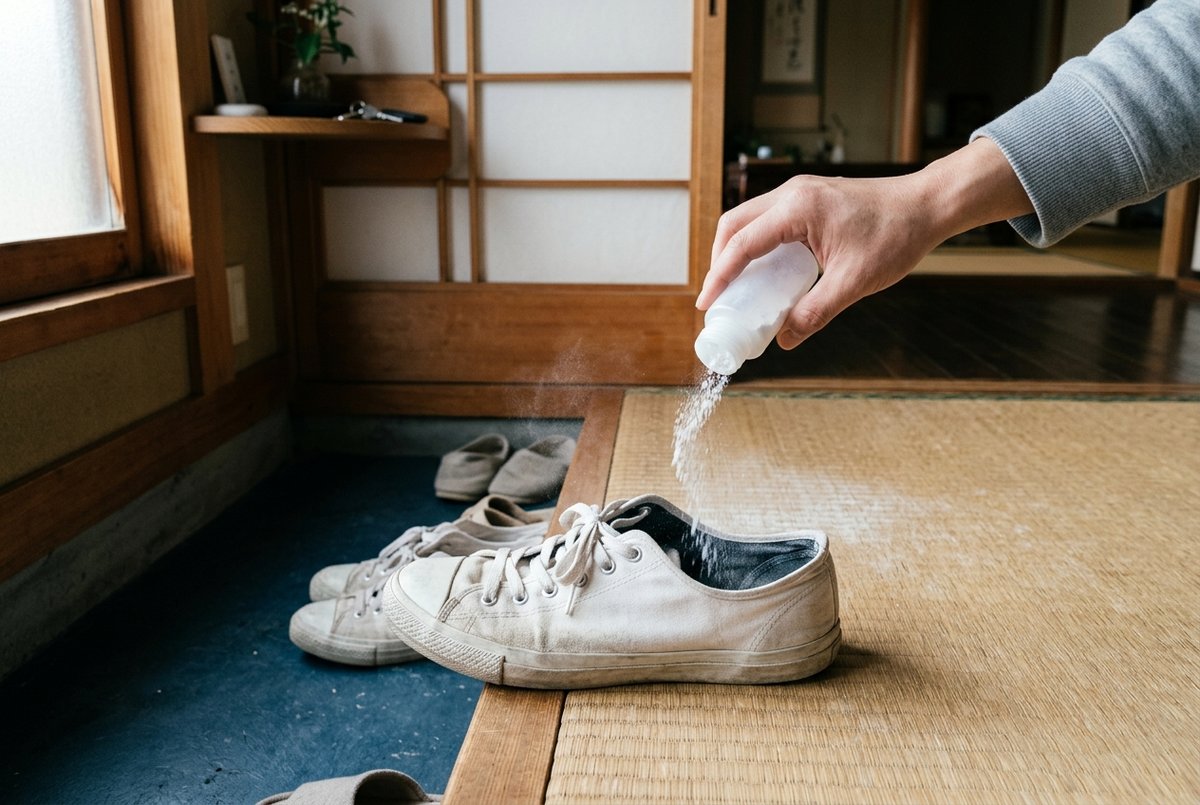 スニーカーの中に消臭パウダーを振りかける様子