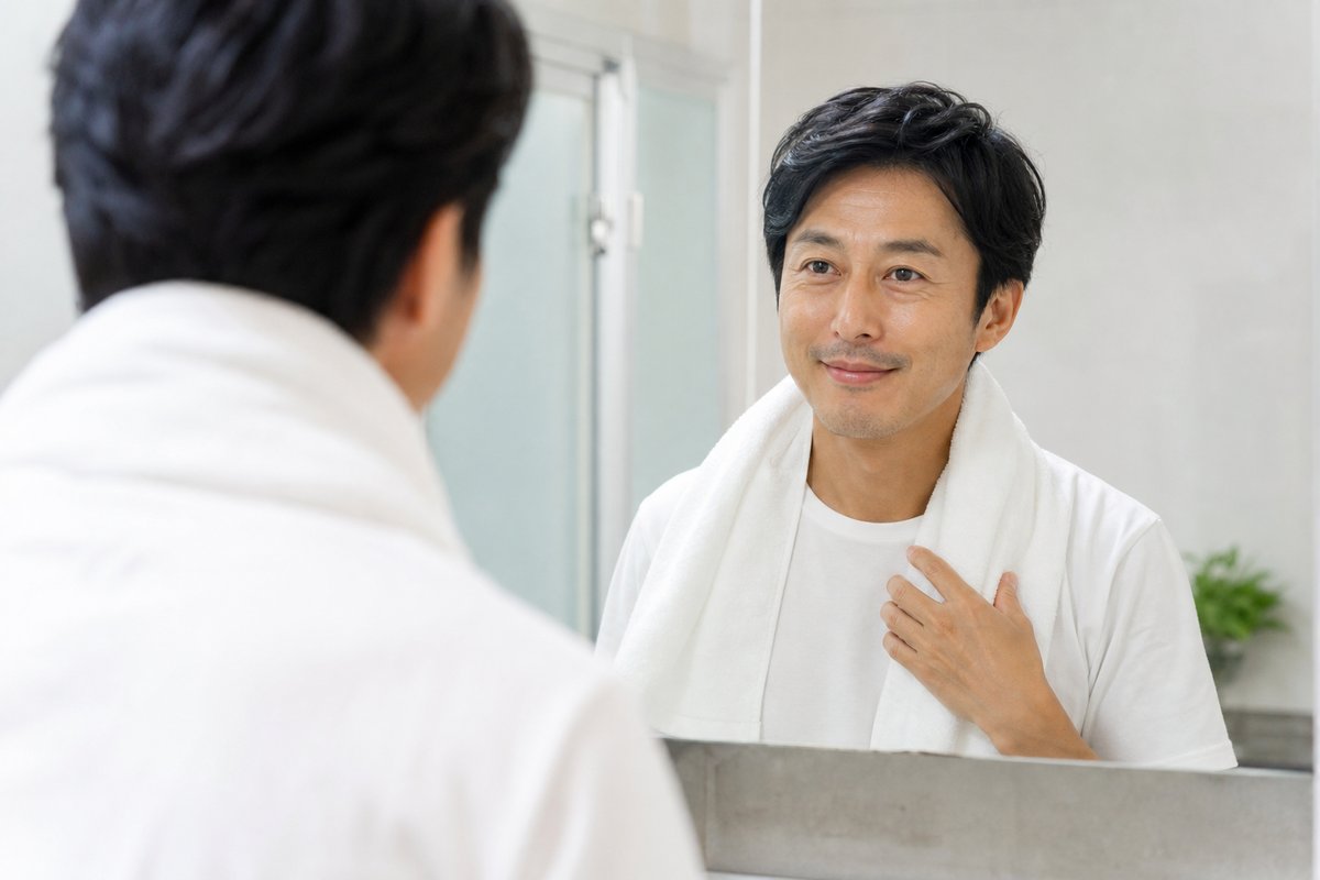 シャワー後の清潔感のある男性