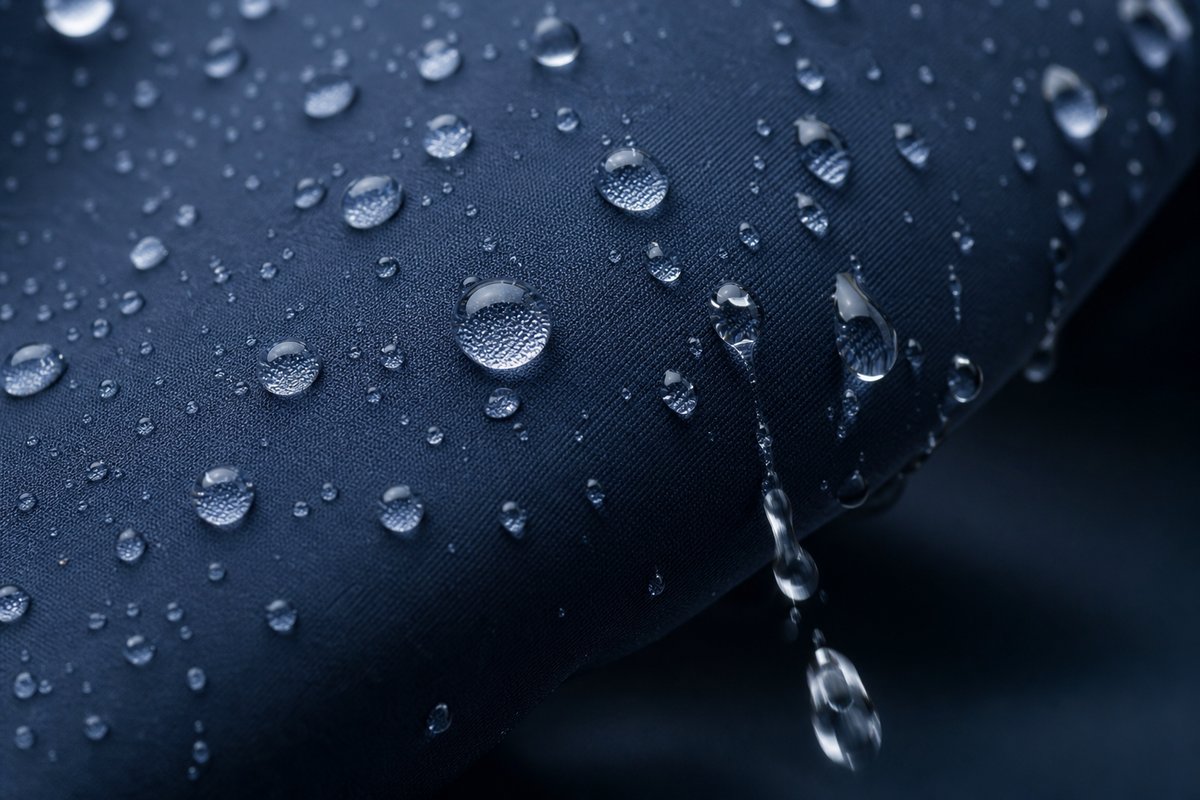撥水加工の生地で水滴が玉になって弾かれる様子