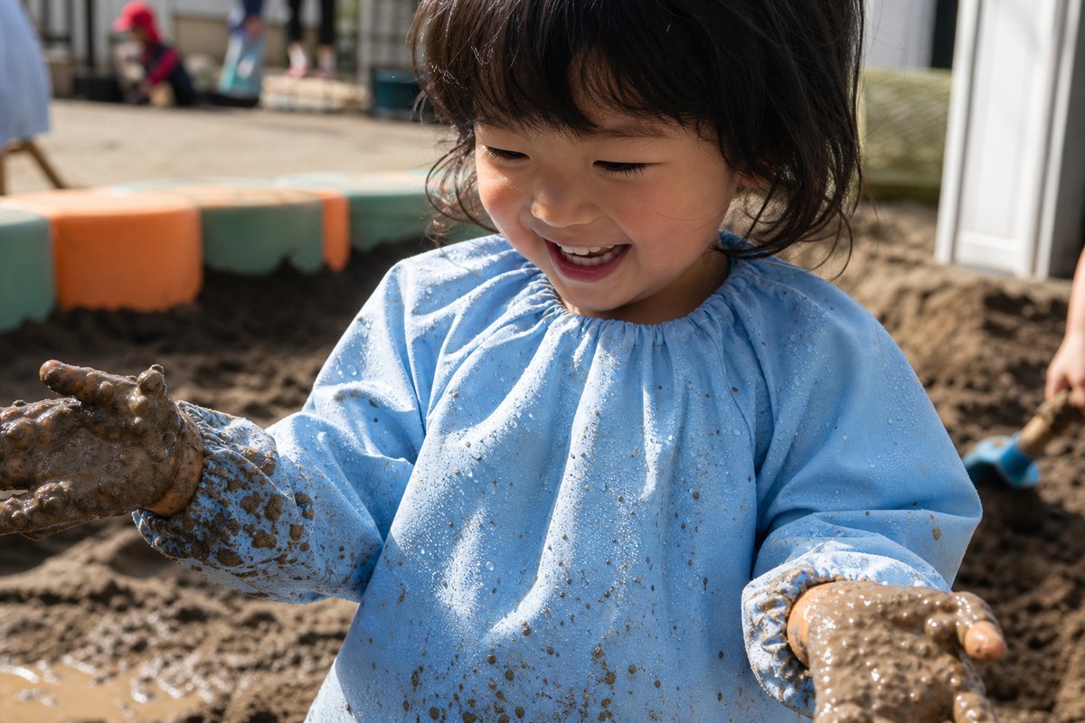 撥水プレイウェアで泥遊びする子ども