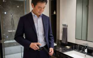 香水を腰につける男性