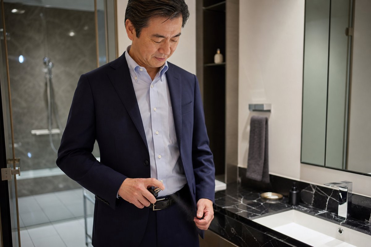 香水を腰につける男性