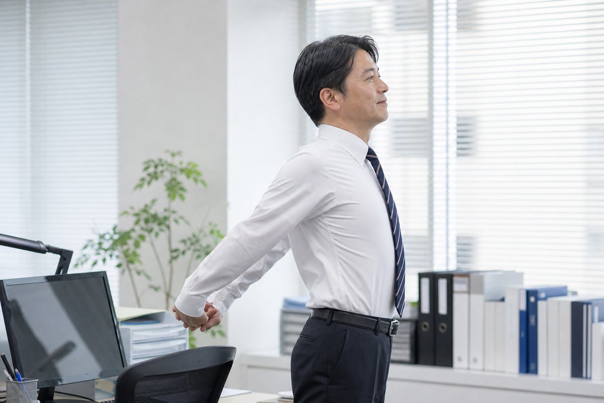 デスクで肩を伸ばす男性