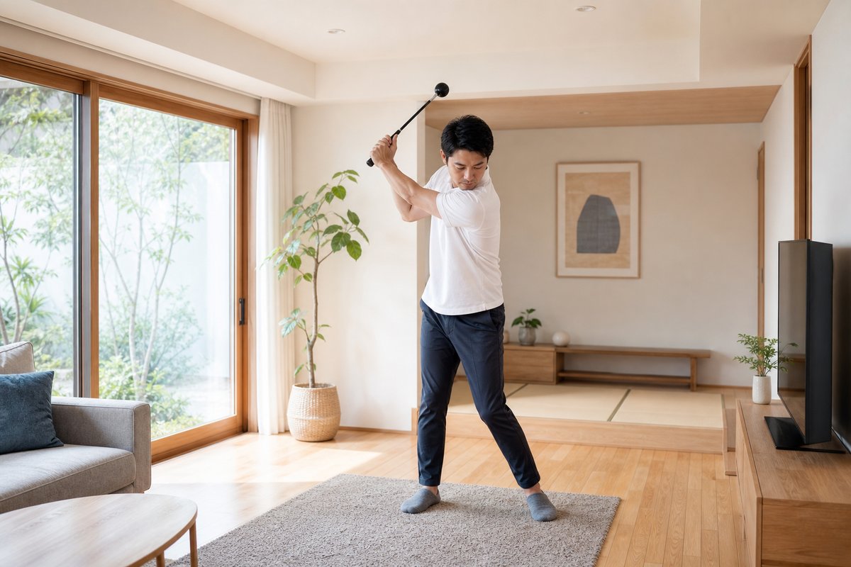 室内でゴルフの素振りをする男性