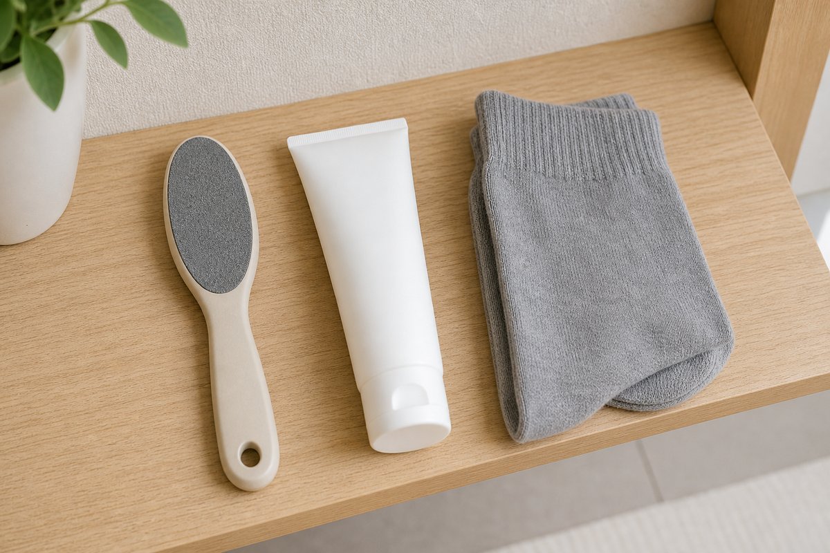 洗面所の棚に並ぶ足用やすりとクリームと綿の靴下