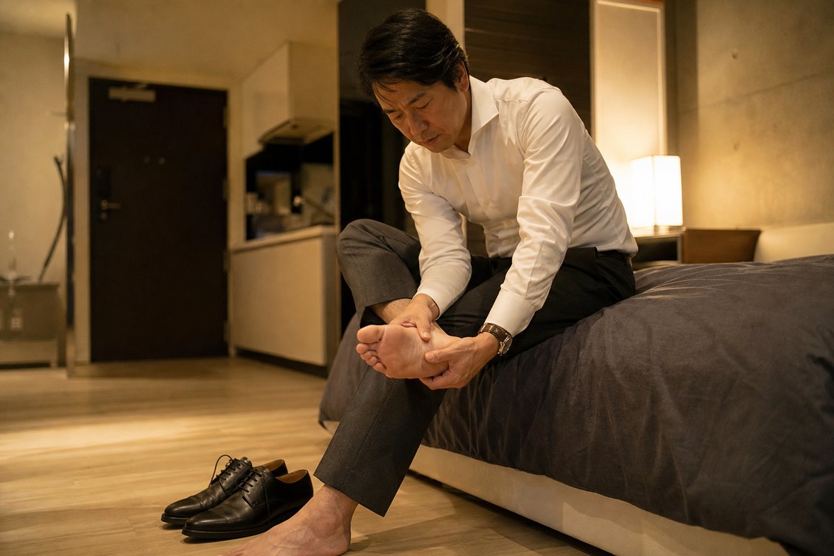 靴下を脱いで乾燥したかかとを気にする40代の日本人男性