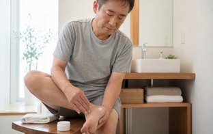 入浴後にかかとへクリームを塗る40代の日本人男性