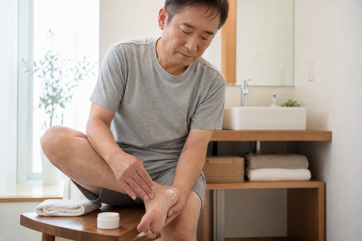 入浴後にかかとへクリームを塗る40代の日本人男性