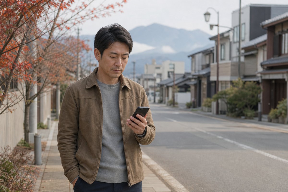 スマートフォンでサウナの予約画面を確認する40代の日本人男性