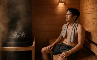 木製ベンチの貸切個室サウナでくつろぐ40代の日本人男性