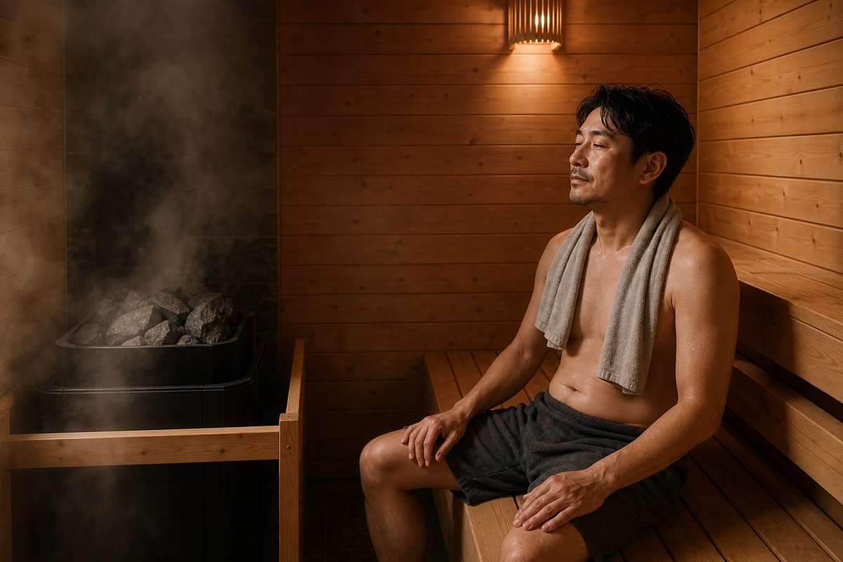 木製ベンチの貸切個室サウナでくつろぐ40代の日本人男性