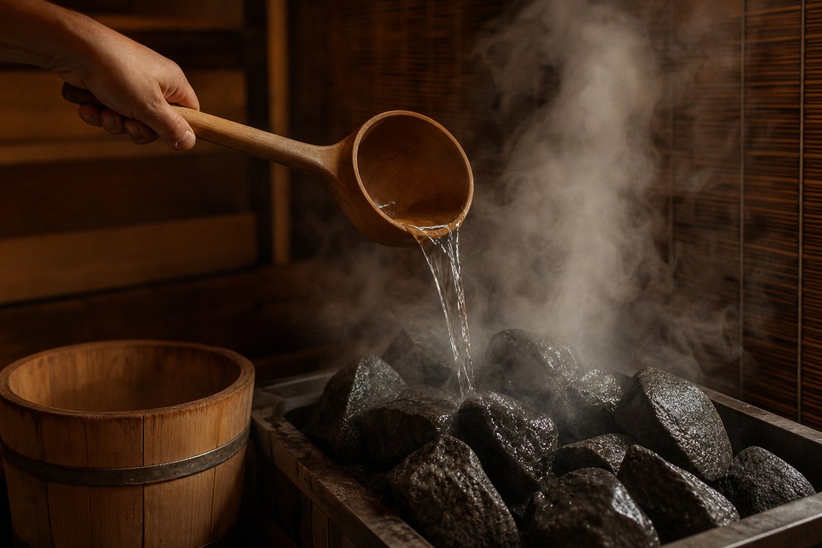 サウナストーンに柄杓で水をかけて蒸気が立つ様子