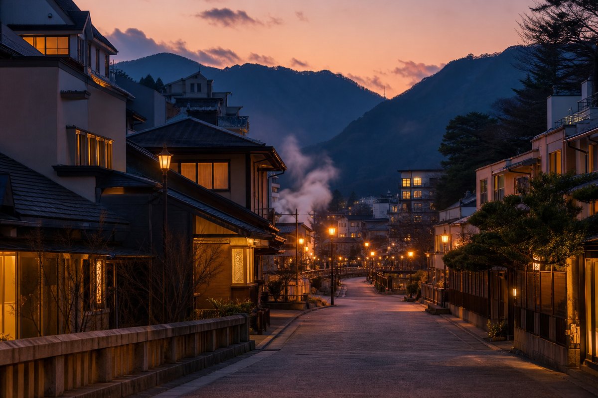 夕暮れの温泉街の通りと山並み
