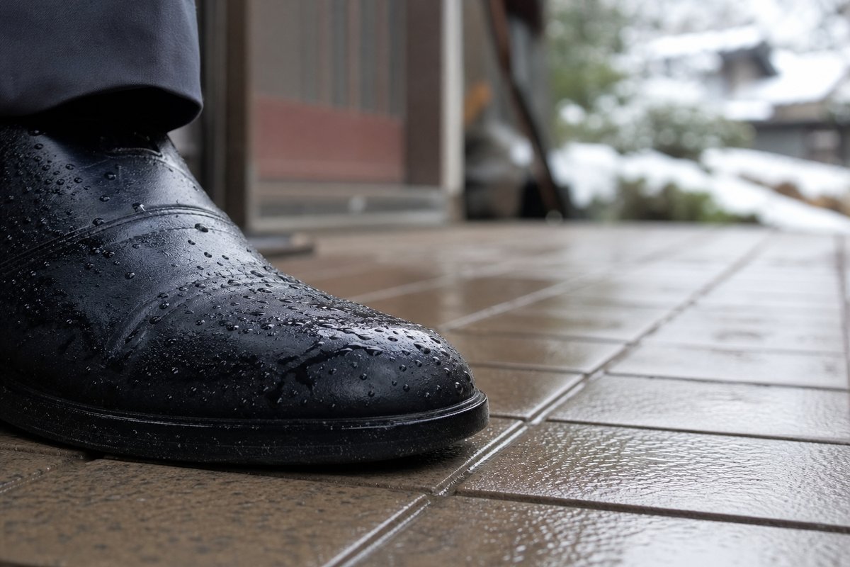 雨に濡れて色が濃くなった黒い革靴のつま先