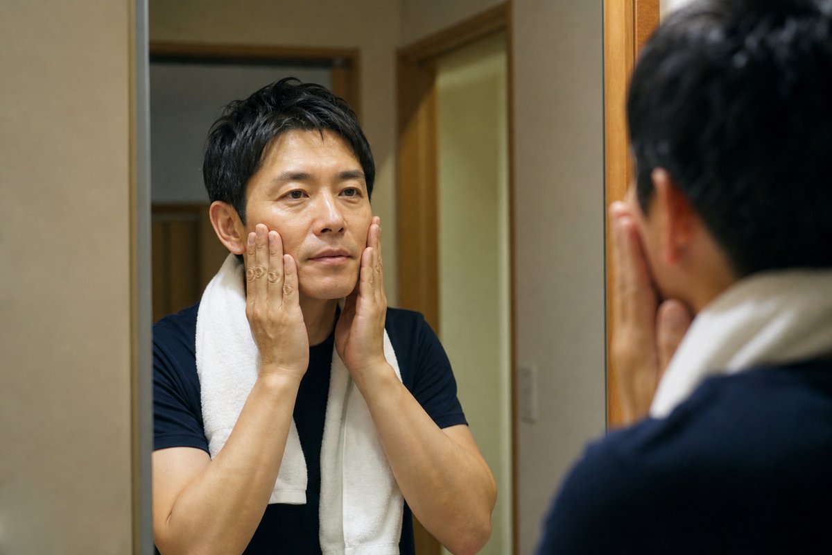 鏡の前で手のひらで顔に保湿クリームをなじませる40代の日本人男性