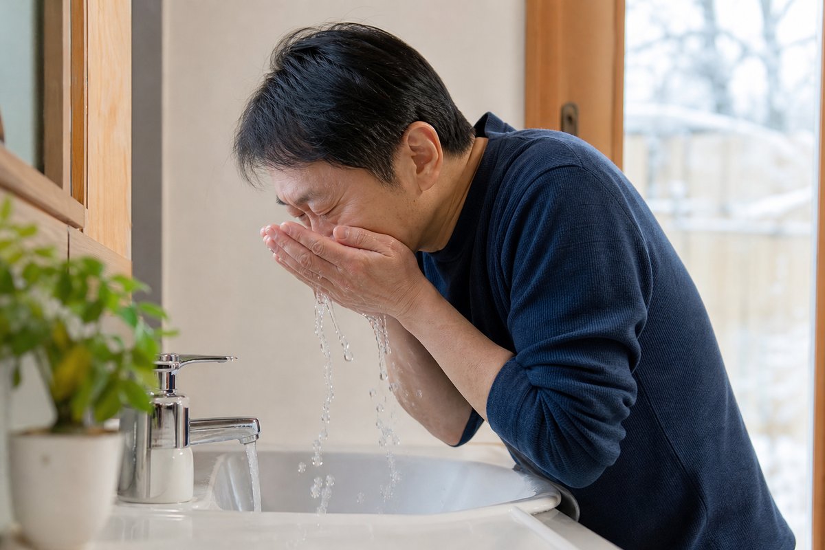洗面所でぬるま湯を手ですくい、やさしく顔を洗う40代の日本人男性