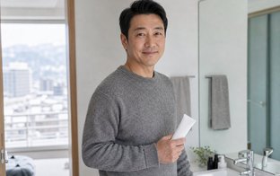 冬の自宅の洗面所で保湿クリームを手に取る40代の日本人男性