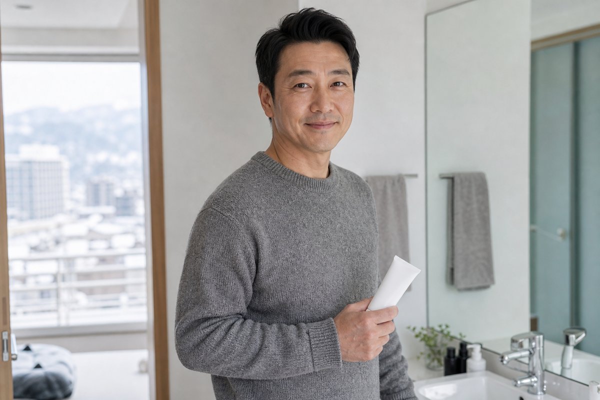 冬の自宅の洗面所で保湿クリームを手に取る40代の日本人男性