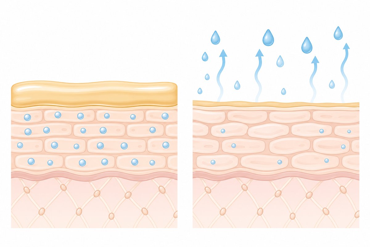 皮脂の膜が薄くなり肌の水分が逃げていく様子のイメージ図