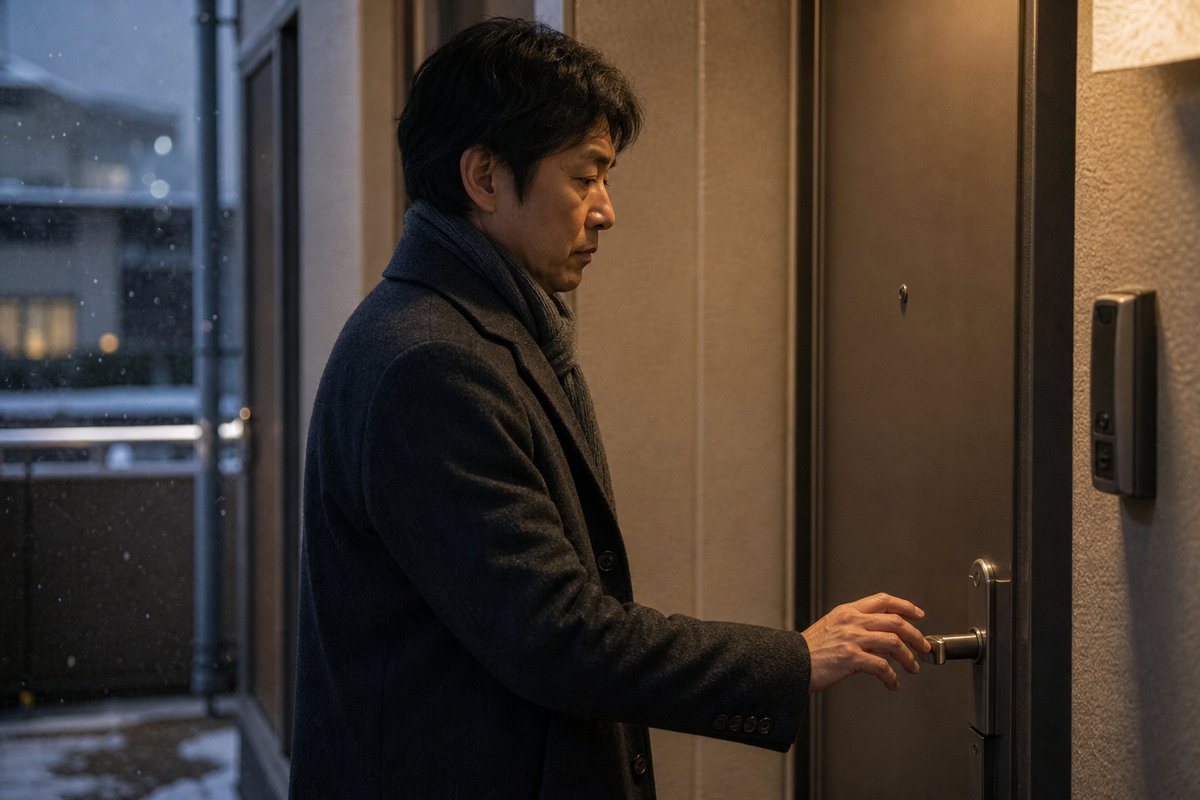 ウールのコートを着た40代の日本人男性が玄関のドアノブに手を伸ばす様子