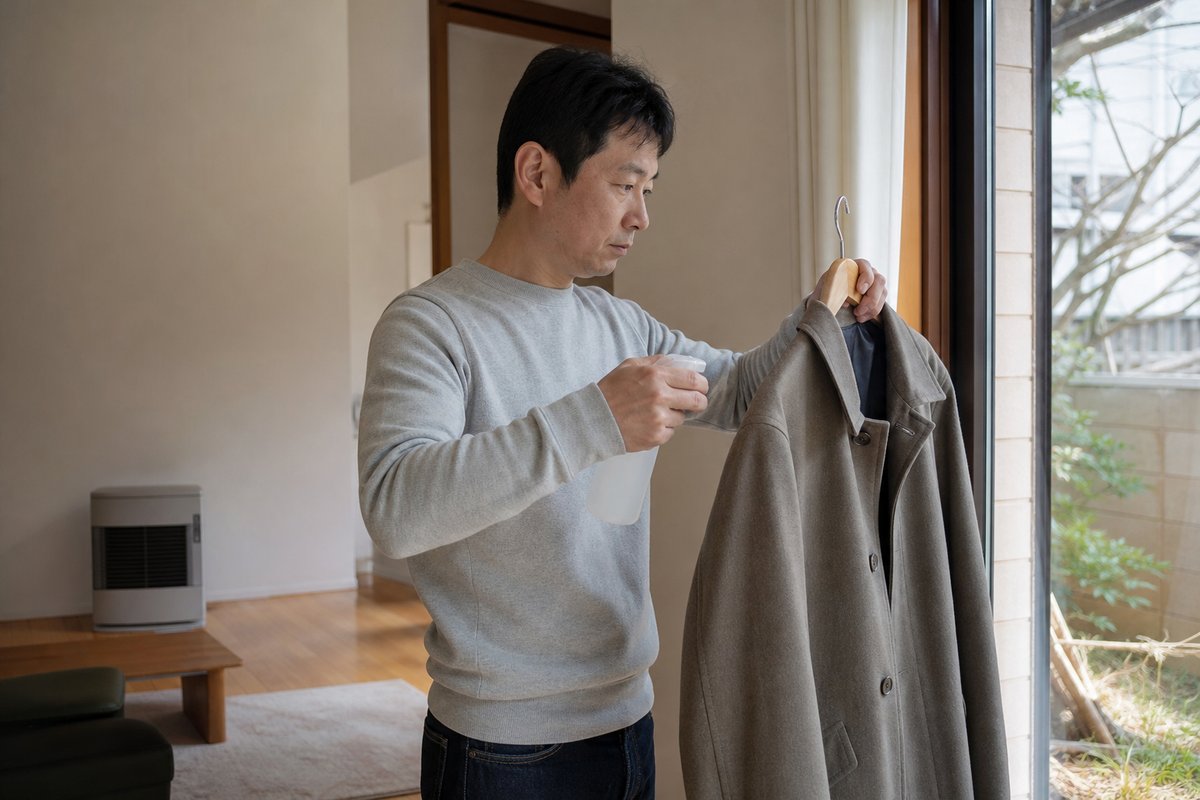 日本の住宅のリビングで、ストーブから離れた窓際でコートにスプレーする男性