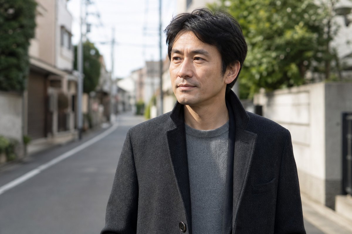 冬の日本の街で、ウールのコートとニットを着た40代の日本人男性
