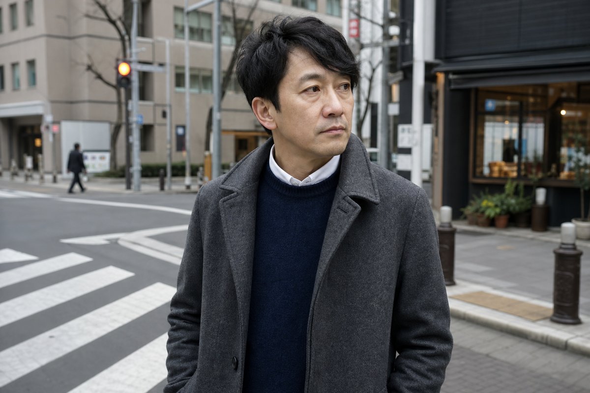 日本の街角で、グレーのウールコートの下にウールのニットを重ねた40代の日本人男性
