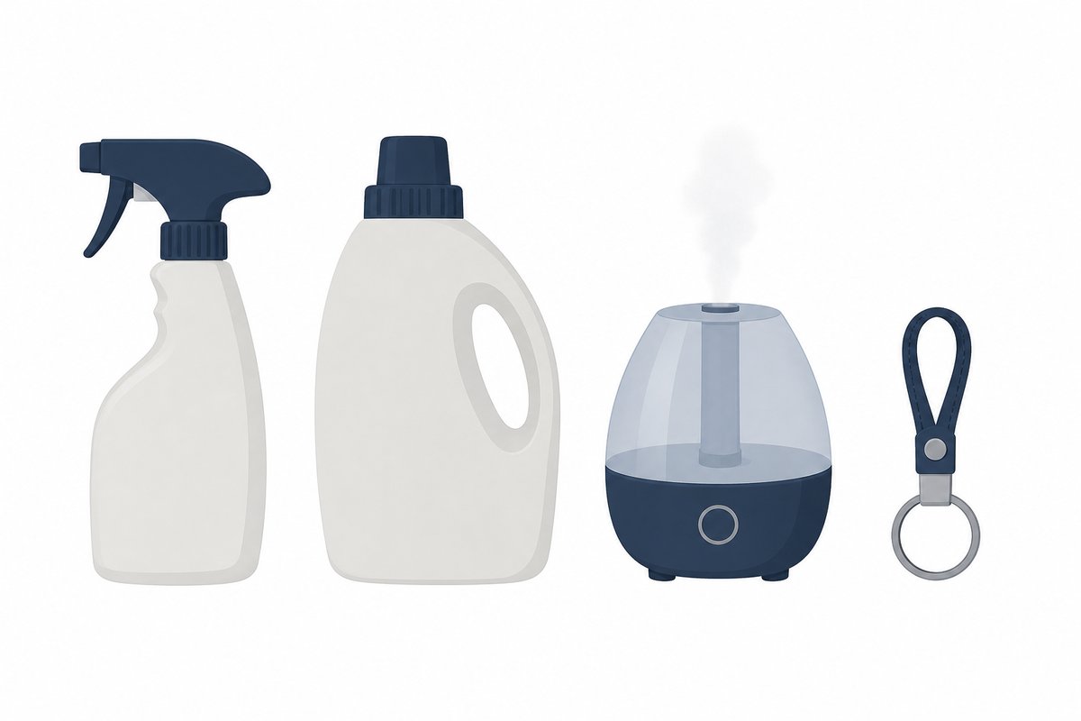 白い背景に、スプレーボトル、柔軟剤のボトル、小型加湿器、キーホルダーが並んだフラットイラスト