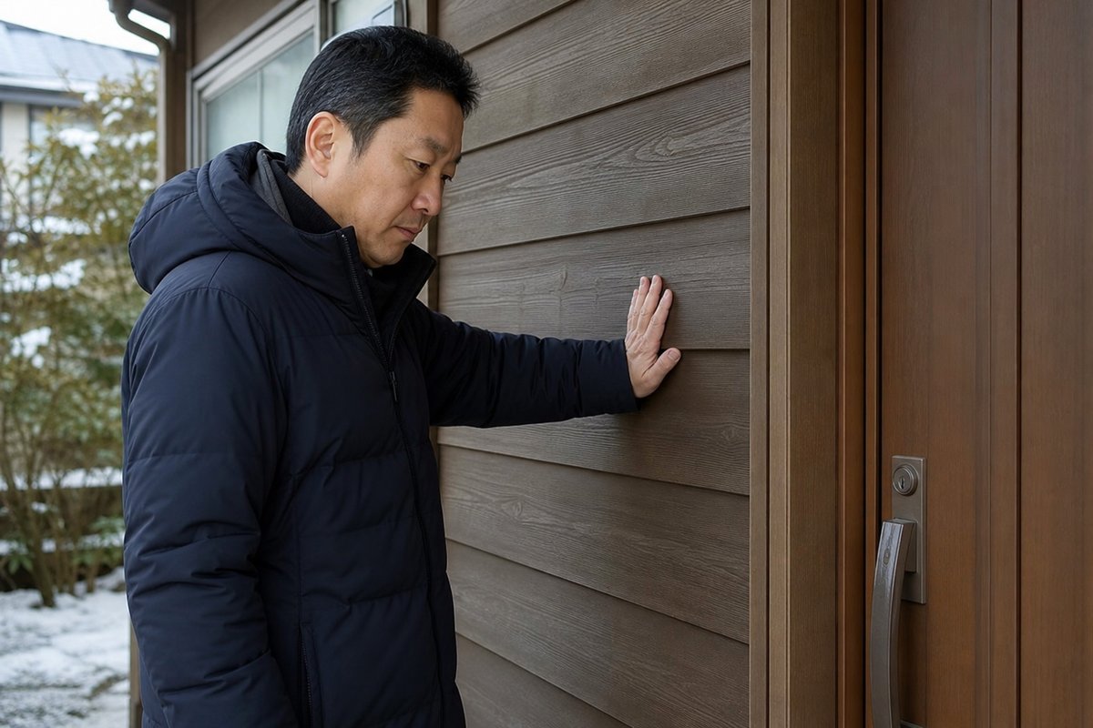 日本の住宅の玄関で、木の壁に手のひらを当てる中年の日本人男性