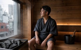 門前仲町の新しいサウナ施設で木のサウナ室にくつろぐ日本人男性のイメージ