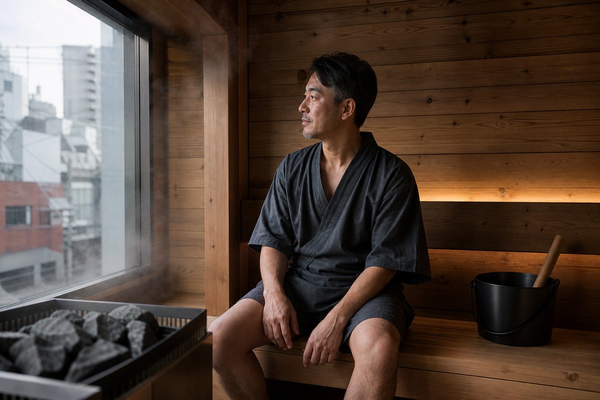門前仲町の新しいサウナ施設で木のサウナ室にくつろぐ日本人男性のイメージ