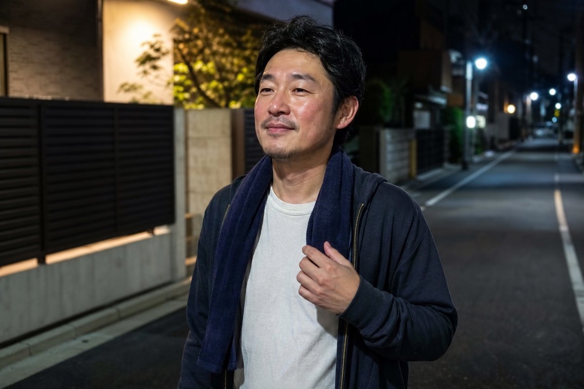 仕事帰りにサウナでリフレッシュした40代の日本人男性のイメージ
