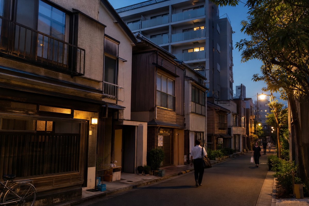 門前仲町の夕方の街並み