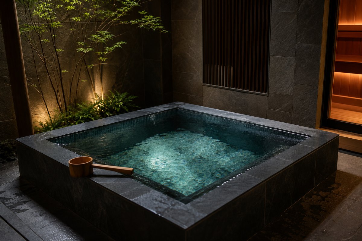 石張りの室内にある深い水風呂のイメージ