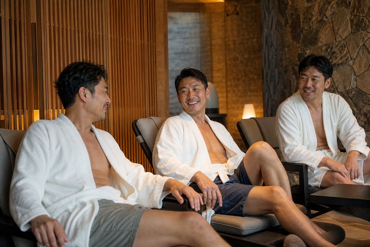 個室サウナの休憩スペースでくつろぐ40代の日本人男性グループのイメージ