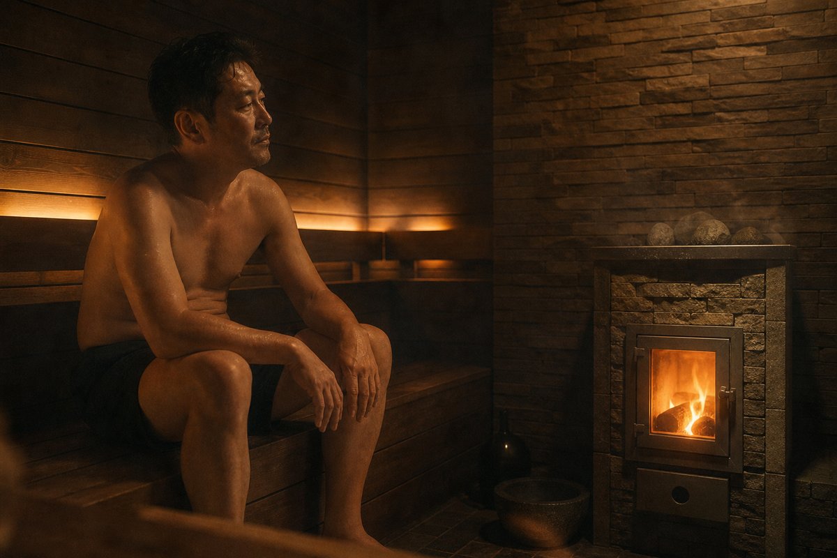 薪ストーブの炎を眺めながら個室サウナでくつろぐ40代の日本人男性