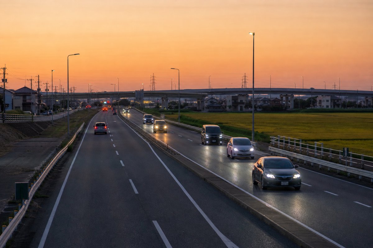 夕暮れの郊外の幹線道路を走る車とインターチェンジ付近の風景