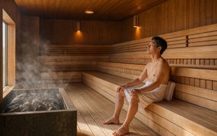 広い浴場施設のサウナ室で蒸気に包まれてくつろぐ日本人男性