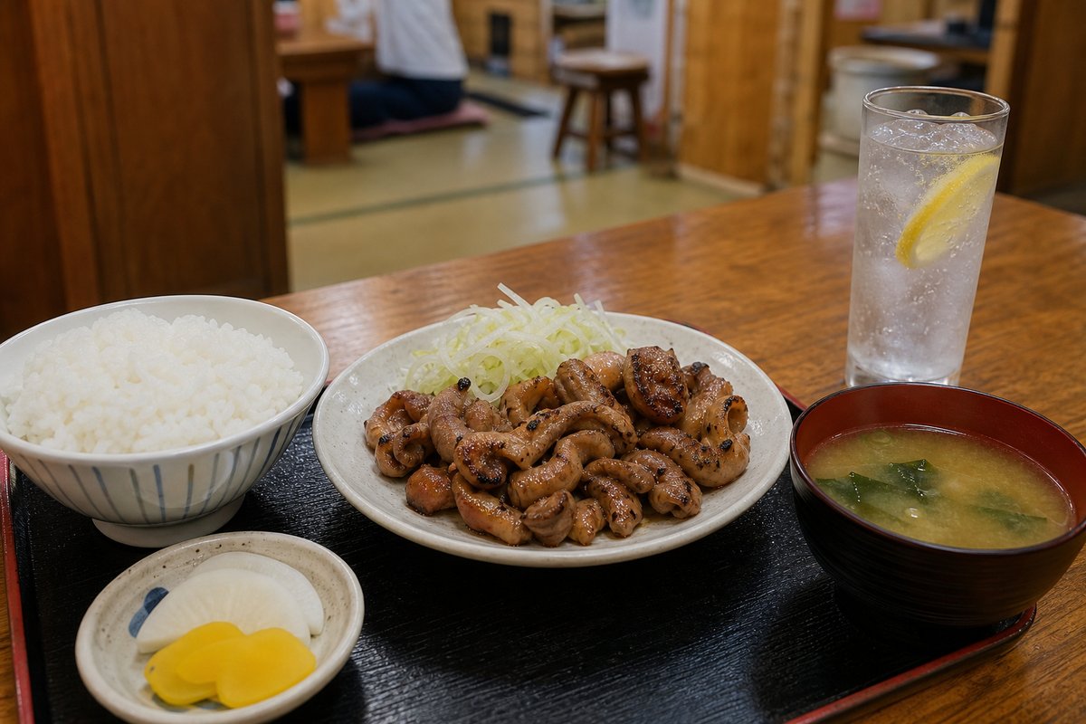 和定食とグラスの冷たいドリンクが並ぶ温浴施設の食事処のテーブル